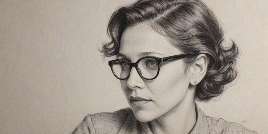 Superb Maggie Gyllenhaal, pencil sketch, portrait of Splendid woman 1938s in glasses, hair style beatnik, outline, clear lines, fine lines, 8k