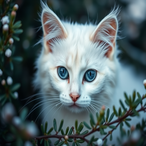 Capture a close-up of a white cat with striking blue eyes among delicate winter foliage, using a 85mm lens, aperture f/1.8, shutter speed 1/200s, ISO 100, natural soft lighting, and a shallow depth of field for enhanced detail and bokeh effect.