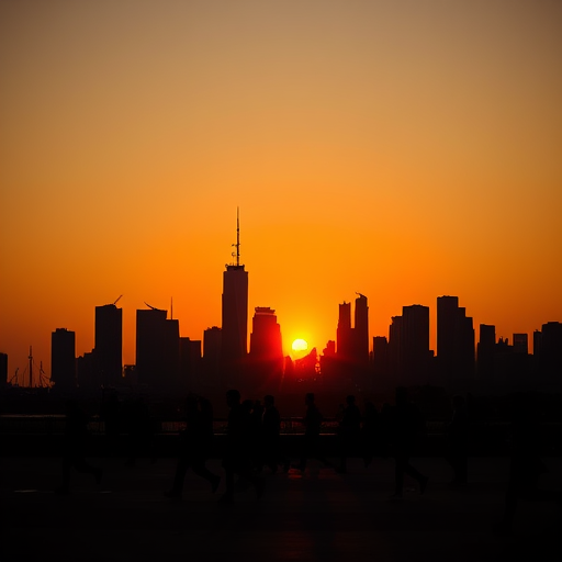 silhouette of a city skyline at sunset with people walking and jogging, vibrant orange sun in the background, shot with a Canon EOS R5, aperture f/5.6, ISO 100, 24mm lens, wide-angle view, high dynamic range imaging