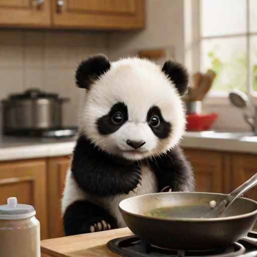 The image is a high-resolution photograph of a baby panda named Huahua, depicted in a bustling kitchen setting. Huahua has a distinctive black and white fur pattern, with round, chubby features and a serious expression. She stands upright, holding a large spatula in her right paw and a frying pan in her left, as she diligently cooks at the stove.