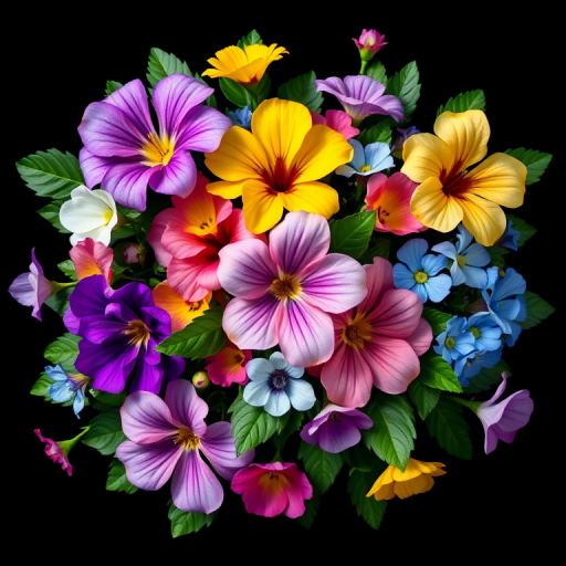 Create a vibrant floral pattern with a variety of spring flowers in shades of purple, yellow, pink, and blue surrounded by lush green leaves against a black background, shot with a DSLR camera at f/5.6 aperture, ISO 100, 50mm lens, and natural light for enhanced color depth and clarity.