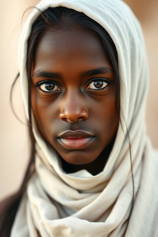 Create a portrait of a young Cape Verdean male with long, dark hair and captivating hazel eyes. She is wearing a white headscarf and a matching scarf draped gracefully around her neck. The background is softly blurred, focusing attention on her serene and natural expression. The overall color palette is muted and warm, enhancing the intimate and authentic feel of the portrait.