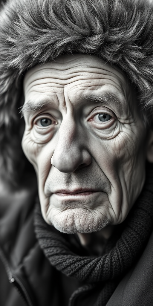 portrait of an elderly man with deep facial lines and a fur hat, captured in natural light, 50mm lens, aperture f/1.8, ISO 200, soft focus background, DSLR camera, black and white photography style