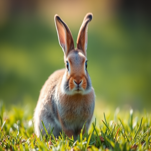 Regenerate the image of a rabbit sitting on green grass, captured with a DSLR camera at f/2.8 aperture, ISO 200, 1/500 shutter speed, in natural light, with a shallow depth of field for a soft background blur.