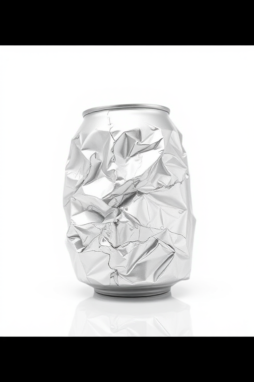 Create a high-resolution image of a crushed aluminum soda can with intricate details on the crumpled surface against a plain white background, using a DSLR camera at f/2.8 aperture, 50mm lens, ISO 100, and soft diffused lighting for enhanced reflection and texture.