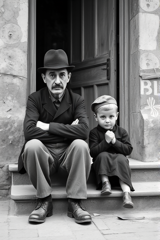A black-and-white photograph of a man and a child sitting on steps in front of a doorway. The man is dressed as a tramp with a bowler hat, mustache, and ragged clothes, reminiscent of Charlie Chaplin's iconic look. He is sitting with his arms crossed and an expression of slight sadness or frustration. Next to him is a young boy, also in worn clothes and a cap, sitting with his hands clasped, looking thoughtful. The background is an old, textured wall and a partially open door, creating a vintage, early 20th-century atmosphere.