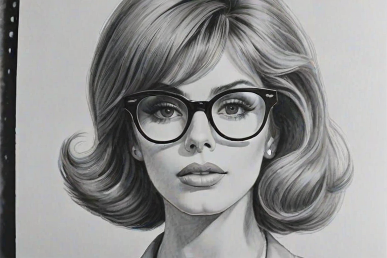 Sublime Tina Louise, pencil sketch, portrait of Charming woman 1962s in glasses, hair style beatnik, outline, clear lines, fine lines, 8k