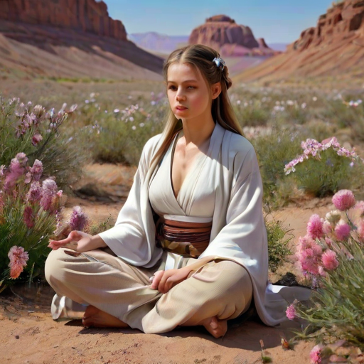 serene photo,1girl, Jedi master in deep meditation,  in jedioutfit, sitting cross-legged, surrounded by blooming desert flowers, harmonizing with the Force, spiritual retreat, transcendent tranquility, desert enlightenment,  Absurdres, hdr, ultra detailed illustration, extremely detailed face, RAW photo, film grain, skin pores, trending on deviantart