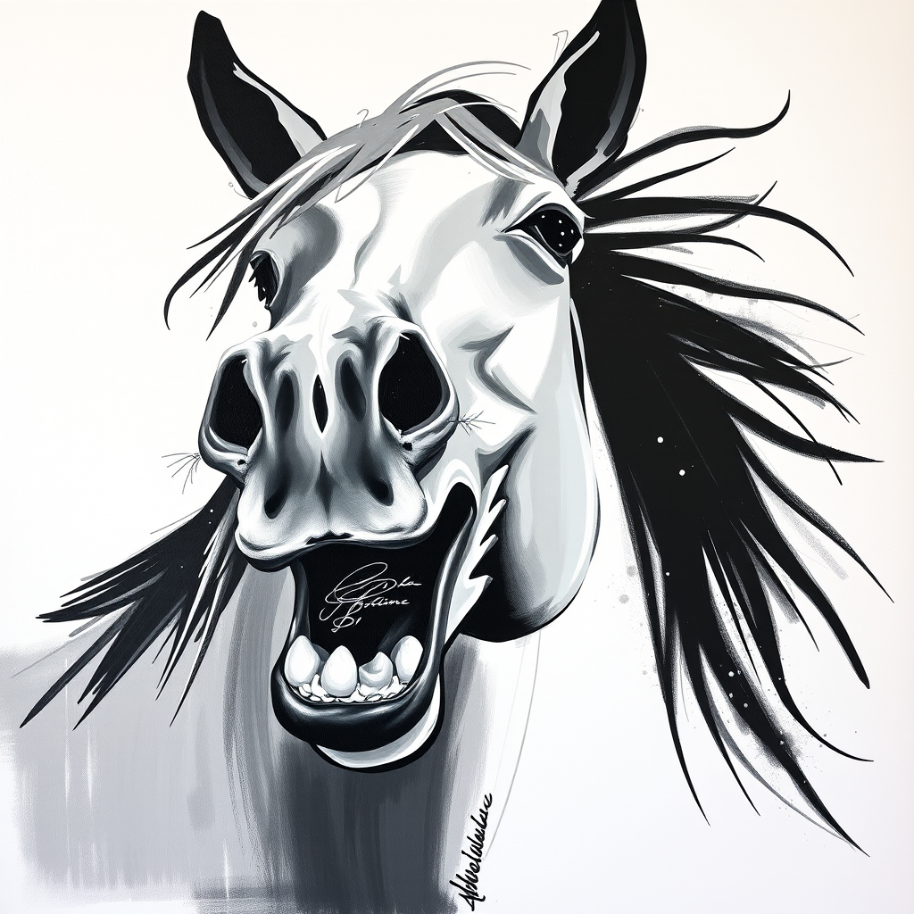 Abstract black and white acrylic portrait of an over exaggerated laughing (horse). Minimalism style. White background.