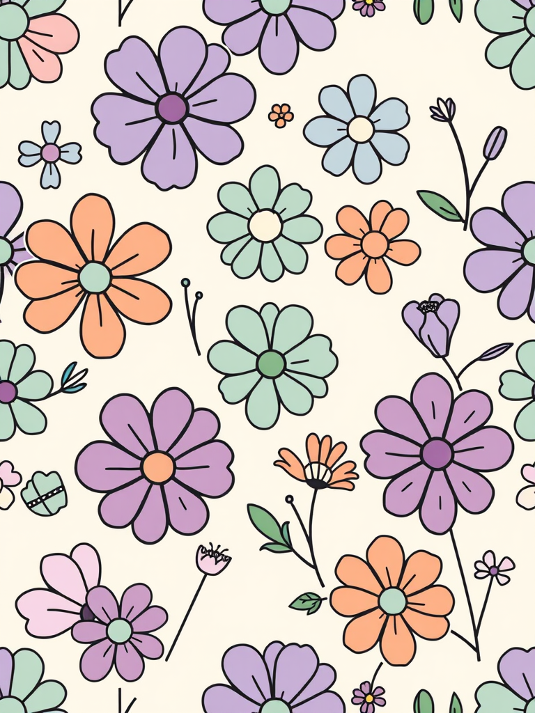 Create a seamless pattern featuring various stylized flowers in soft pastel colors such as purple blue green pink and orange with thin black outlines on a light beige background