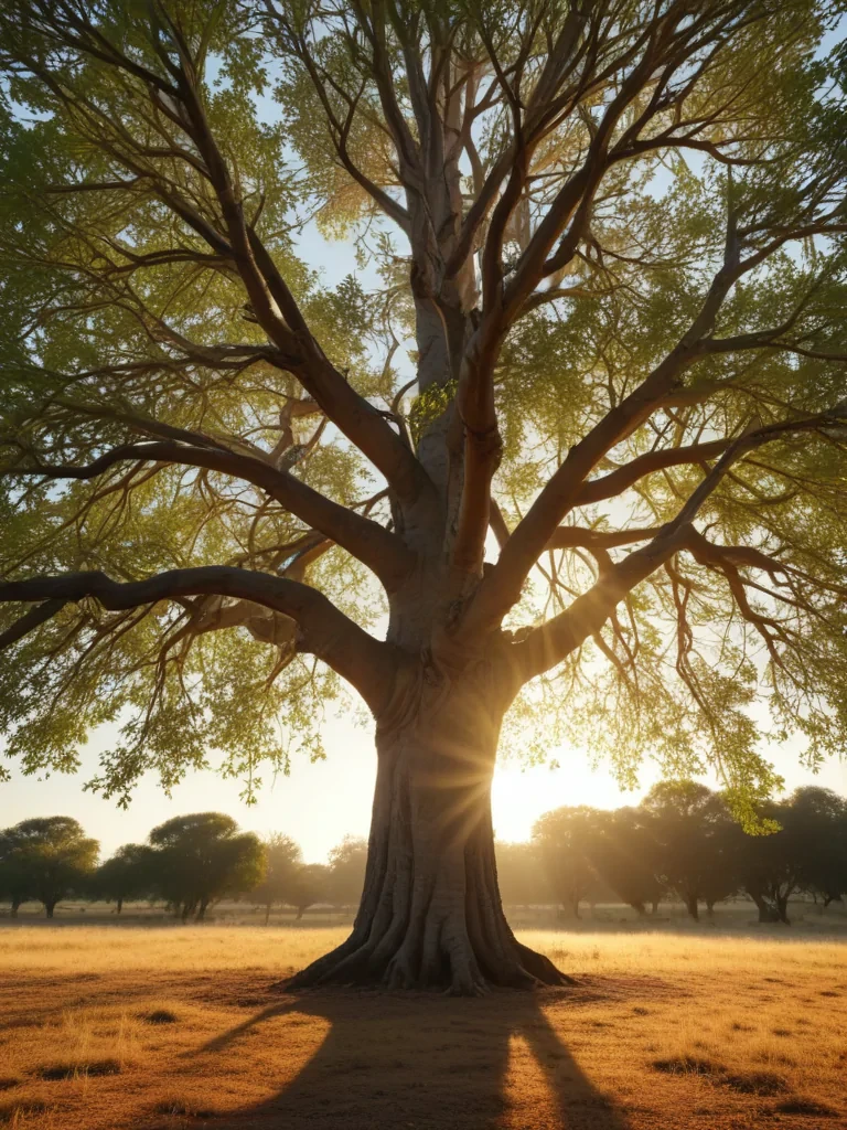 A Majestic Tree Standing Tall Against a Golden Sunrise in Nature's Embrace