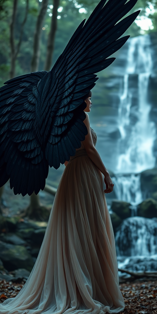Create a fantasy-themed image of a young woman with large, intricate black wings standing in a mystical forest setting with a waterfall in the background, wearing a flowing, ethereal gown; use a Canon EOS R5, 85mm lens, f/1.4 aperture, ISO 100, natural soft lighting, and a low-angle shot to emphasize the grandeur of the scene.