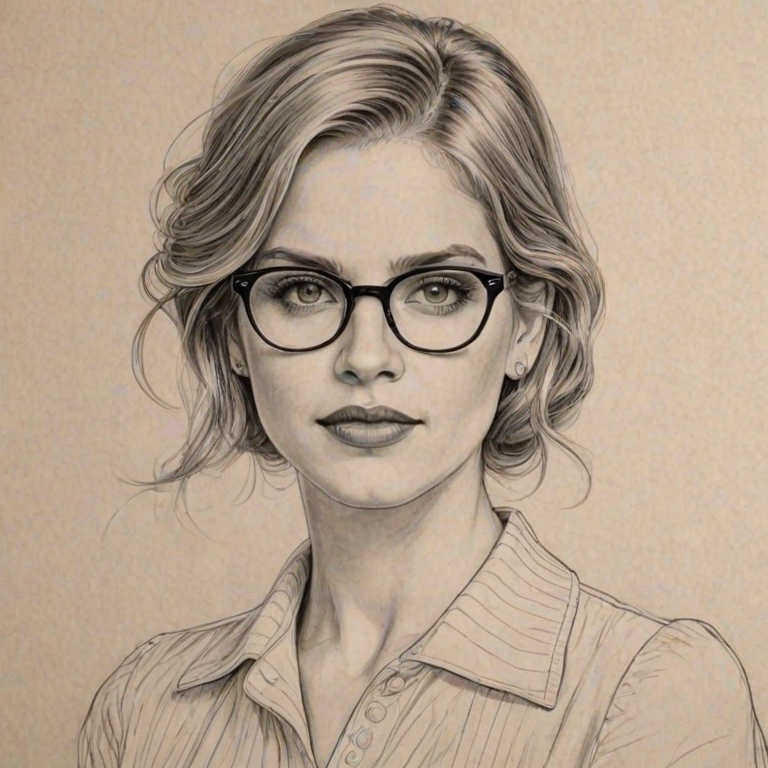 Graceful Anna Chlumsky, pencil sketch, portrait of Wonderful woman 1934s in glasses, hair style beatnik, outline, clear lines, fine lines, 8k