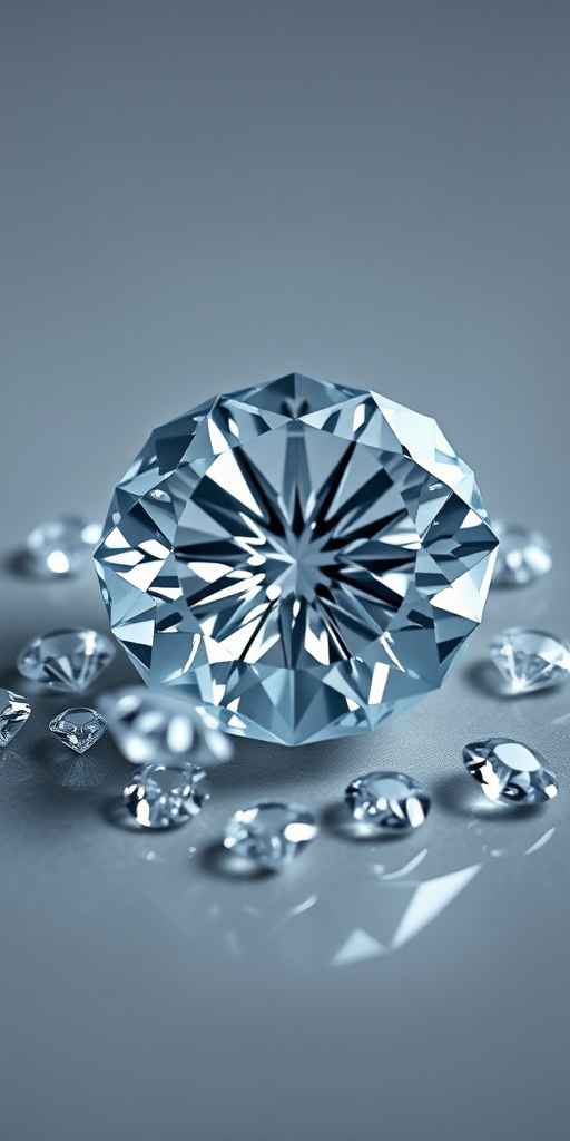 Create a hyper-realistic image of a large, cut crystal diamond surrounded by smaller diamonds on a smooth gray surface, with soft lighting to enhance reflections, captured with a Canon EOS R5, 50mm lens, f/1.8 aperture, ISO 100, and a shallow depth of field for a polished aesthetic.