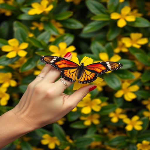 Create an image of a hand gently holding a butterfly on a vibrant yellow flower. The hand should have a stylish ring and be adorned with a deep red nail polish. The background should feature lush green leaves and bright yellow blooms, creating a serene and colorful atmosphere.
