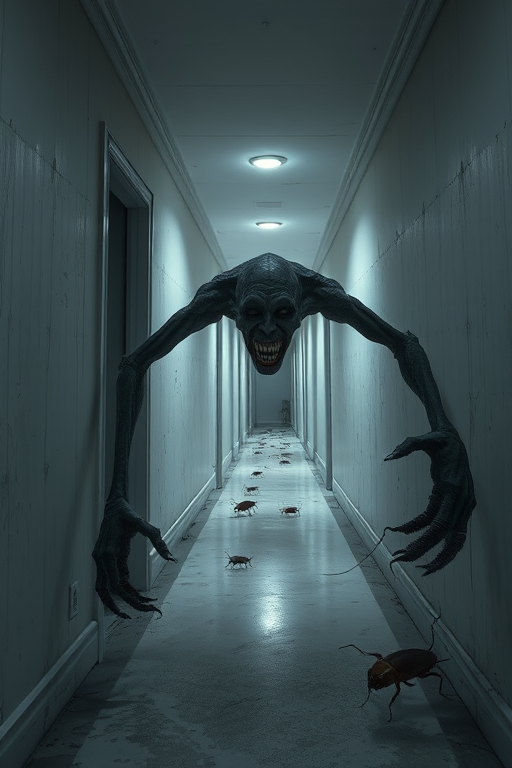 a crooked male with long arms and a creepy smile is crawling along a long white corridor and you can also see cockroaches in it there is a creepy atmosphere creepy art style