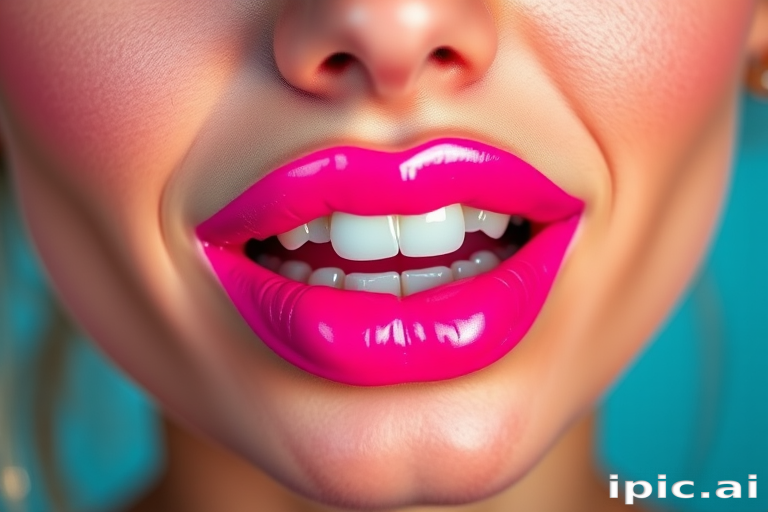 Playful neon pink lips with a high-shine finish, embodying youthful energy and exuberance, perfect for fun and vibrant makeup looks