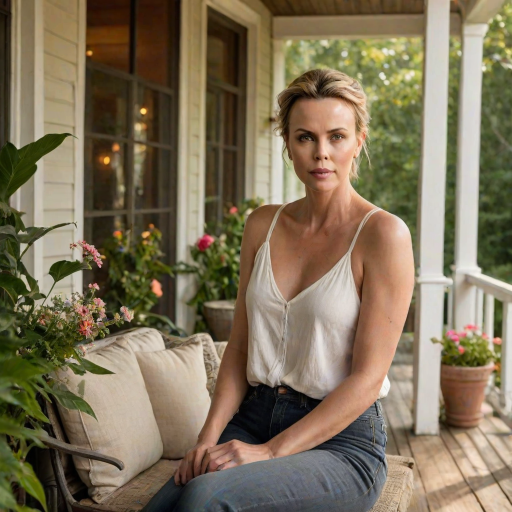 A photo of Charlize Theron with a background of a cozy porch. She has dark hair pulled back in an updo, with tendrils framing her face. She wears a white tank top and sits on the porch. The porch is part of a well-lit home with a warm, earthy tone and colorful flowers and foliage. The overall scene has a warm, welcoming, and comfortable ambiance.