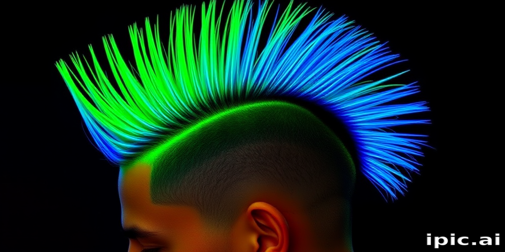 Neon green mohawk with shaved sides, designed by "Punk Peacock" stylists, featuring a tall, textured crest that gradually transitions to electric blue at the tips, accented by intricate, UV-reactive line work etched into the shaved portions, creating a bold, rebellious statement.