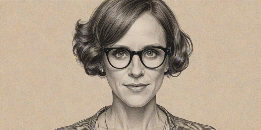 Superb Molly Shannon, pencil sketch, portrait of Magnificent woman 1925s in glasses, hair style beatnik, outline, clear lines, fine lines, 8k