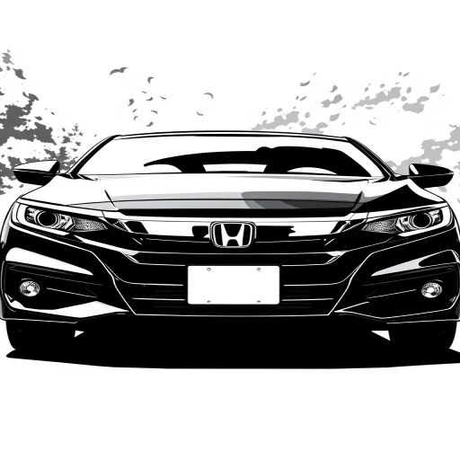 Generate a high-contrast black and white stylized illustration of a Honda car, using an aperture of f/8 for sharpness, ISO 100 for clarity, and a shutter speed of 1/200s, captured from a low angle with a slight tilt to enhance perspective, using a DSLR camera.