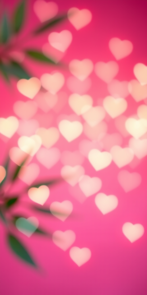 Create a soft-focus background with scattered glowing hearts in varying sizes and brightness on a vibrant pink backdrop, using a shallow depth of field, f/2.8 aperture, ISO 100, and a 50mm lens on a DSLR camera.