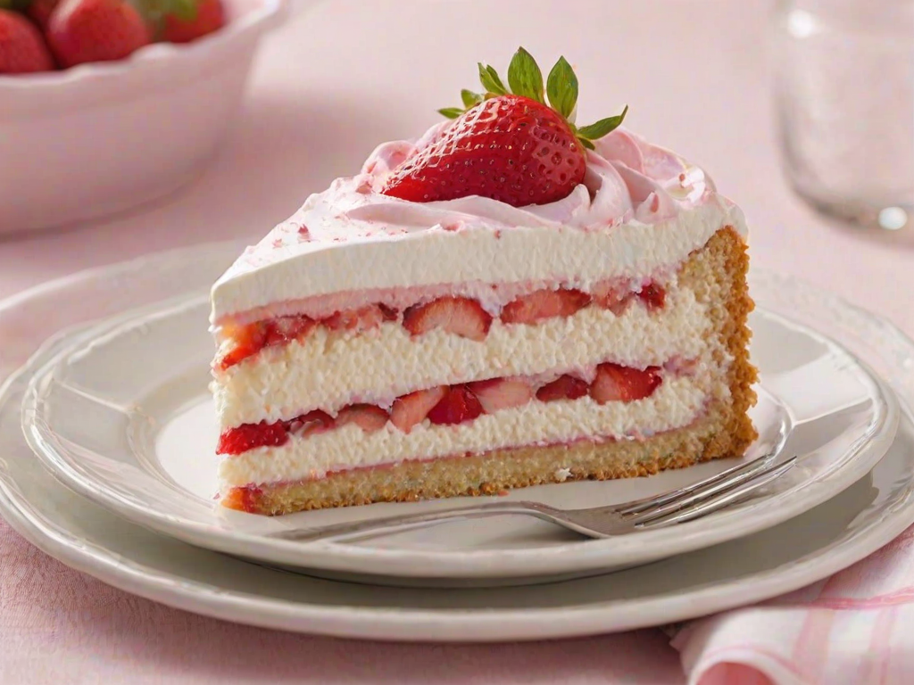 Create an image of a slice of layered strawberry dessert. The base should be a light pink sponge cake, topped with a creamy white filling and finished with a swirl of fluffy pink whipped cream. Include a fresh strawberry on the side and a fork next to the slice. The background should be soft and inviting, enhancing the dessert's appeal.
