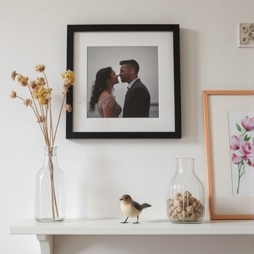 Close-up shot of a minimalistic shelf featuring a framed photo of two people about to kiss, a vintage bottle with dried flowers, a small bird figurine, and a floral artwork, taken with a Canon EOS R5, 50mm lens, f/1.8 aperture, ISO 100, natural lighting, soft focus effect.