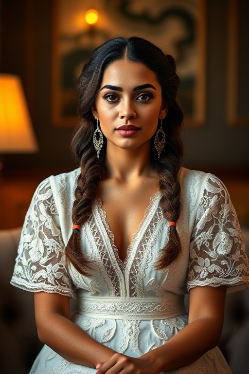 Create a portrait of a refined and elegant Coptic woman seated in a sophisticated setting. She has long, wavy hair styled in two thick braids that are pulled over her shoulders. She wears a white, lace gown with intricate patterns, featuring a deep V-neckline and short sleeves. The dress exudes a vintage charm with its delicate lacework. She is adorned with ornate, dangling earrings that add a touch of glamour to her appearance. The background is softly lit, with warm, ambient lighting that creates a cozy and inviting atmosphere. Her expression is poised and serene, capturing a sense of grace and elegance.