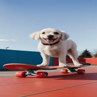 dog on red skateboard