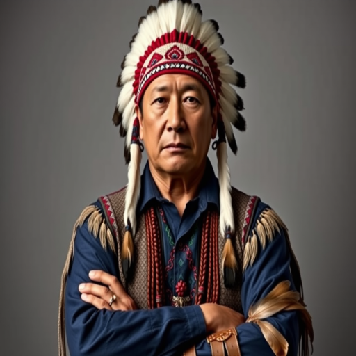 Create a dignified portrait of a Native American man dressed in traditional attire. He wears a beautifully crafted headdress adorned with white feathers and red beads, along with a beaded headband featuring intricate patterns. His clothing includes a deep blue, patterned shirt and a traditional chest piece with detailed beadwork. His arms are crossed, displaying leather armbands decorated with feathers. The background is simple and neutral, emphasizing his proud and stoic expression. The overall image captures the rich cultural heritage and strength of his persona.