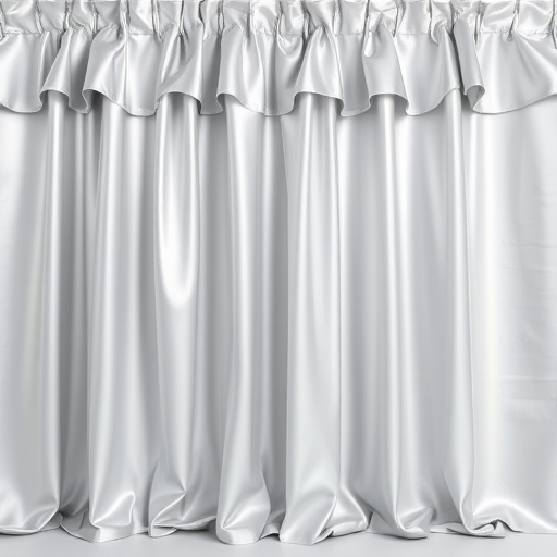 generate an image of a silver satin ruffled curtain with a shiny texture hanging straight across a plain background