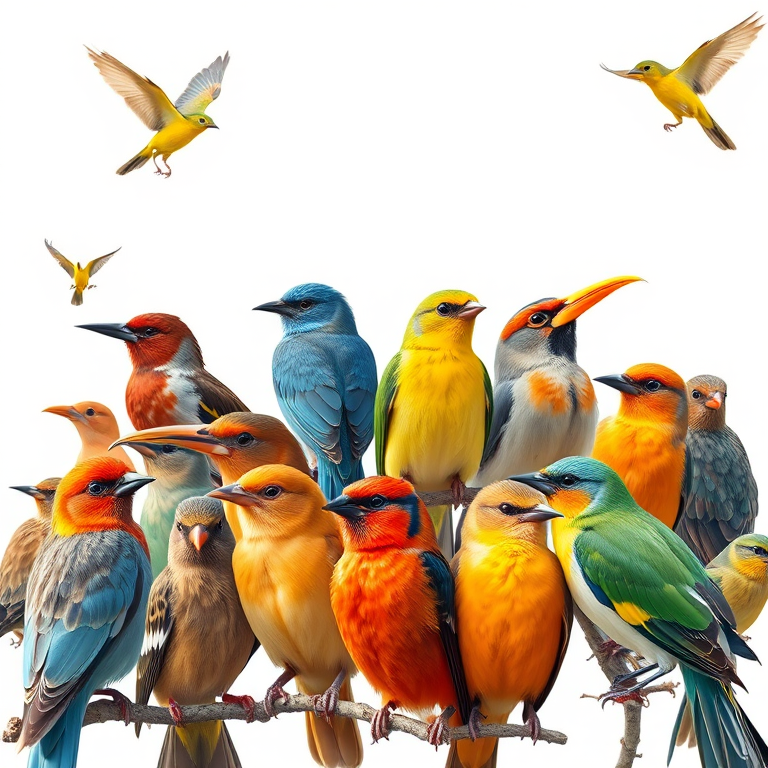 Generate a vibrant illustration of various birds in different poses and colors against a plain background, using a Canon EOS R5, 50mm lens, f/1.8 aperture, ISO 100, with a bright, high-contrast setting for enhanced detail and clarity.