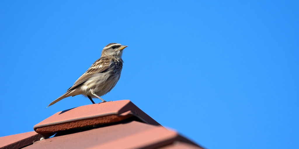 Capture a close-up of a speckled bird perched on a rooftop against a clear blue sky, using a DSLR camera, 50mm lens, f/2.8 aperture, ISO 200, 1/500 shutter speed, and focus on the bird with a blurred background.