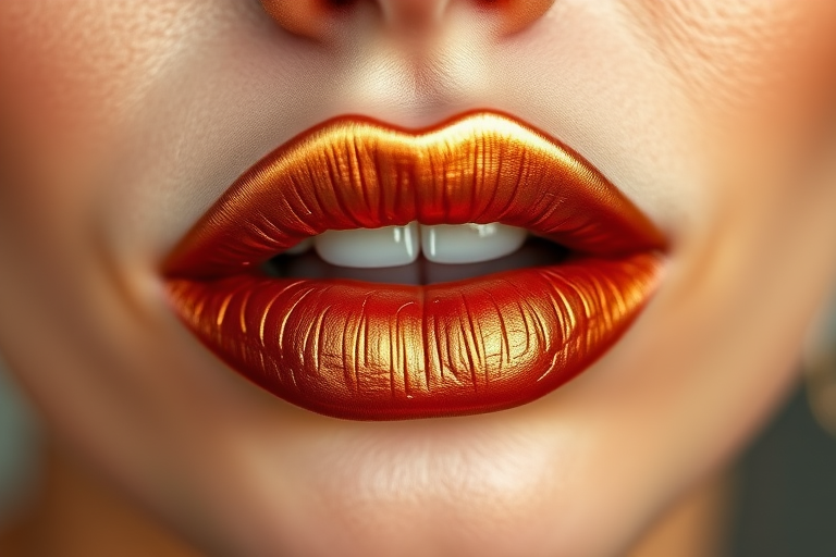 Metallic bronze lips titled "Sunlit Copper" offer a warm, metallic finish with subtle shimmer, perfect for autumn-inspired makeup and earthy color palettes