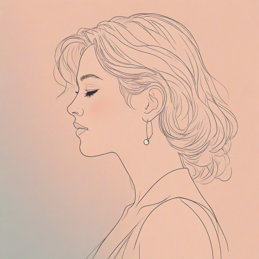 Create a minimalist line art illustration of a woman in profile against a solid pastel background, using a Canon EOS R5 with a 50mm f/1.2 lens, aperture set to f/2.8, ISO 100, and a soft focus effect for smooth skin tones and gentle color gradients.