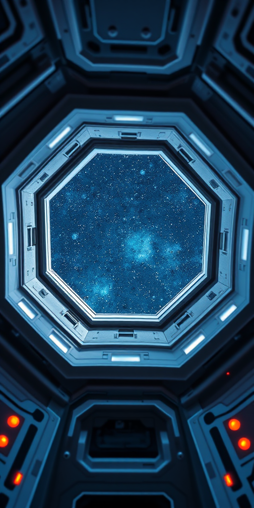 interior of a futuristic spacecraft with an octagonal window showing a starry night sky, wide-angle lens, f/2.8 aperture, ISO 200, 1/60 sec shutter speed, shot from a low angle to emphasize depth, high dynamic range for enhanced details and colors, use digital SLR camera