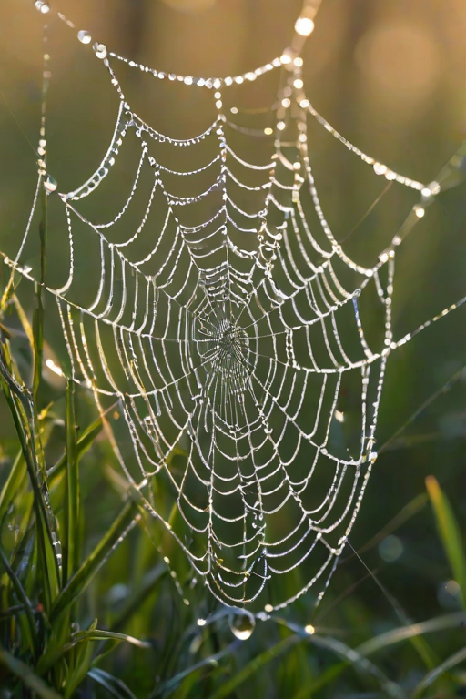 High-resolution close-up of a dew-covered spiderweb glistening in the early morning light, soft focus on the surrounding grass, with tiny droplets of water sparkling like diamonds.