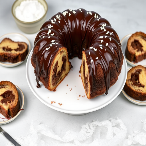 A beautifully decorated bundt cake with a glossy chocolate glaze and a marbled chocolate and vanilla interior served on a white plate surrounded by slices on small plates and bowls of sugar in the background.