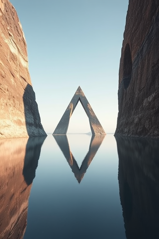 Create a photorealistic image of a minimalist landscape featuring a triangular shape emerging between two monolithic structures, captured with a DSLR camera at f/8 aperture, ISO 100, 24mm lens, in morning light, with a wide-angle view and a focus on reflections in the water.