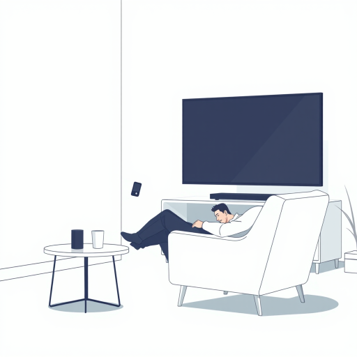 Create a minimalistic vector illustration of a man sitting in a modern armchair, holding a remote control, with a cup on the table, facing a sleek TV, soft lighting, high contrast colors, shot with a digital camera at f/4.0 aperture, 35mm focal length, and ISO 100 to enhance image quality.