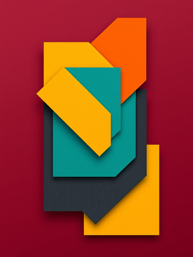 Create a vibrant geometric abstract image with layered shapes in teal, orange, yellow, and dark gray against a bold maroon background, using a DSLR camera with a 50mm lens, aperture f/8, ISO 200, and 1/250 sec shutter speed for sharp detail and vivid color.