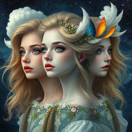 Create a series of imaginative portraits where each subject is infused with elements of fantasy and nature. The hair of the individuals should flow like clouds, varying from soft, fluffy cumulus to wispy cirrus strands, with hints of color reflecting a sunset or a clear blue sky. The eyes should be windows to entire galaxies, with stars, nebulae, and distant planets visible within them. Clothing should be adorned with nature motifs, such as floral patterns that bloom and change, vines that seem to grow and wrap around, or feathers that shimmer with iridescence. Each portrait should capture a unique personality, blending human features with the ethereal beauty of the natural and cosmic world. The backgrounds can vary, from starry night skies to enchanted forests, adding depth and context to the magical realism of the portraits