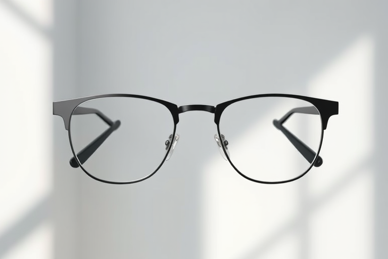 Create a high-resolution illustration of modern eyeglasses with a sleek, minimalist design, using a 50mm lens, f/1.8 aperture, and soft natural lighting for a clean effect, capturing a straight-on view with a shallow depth of field.