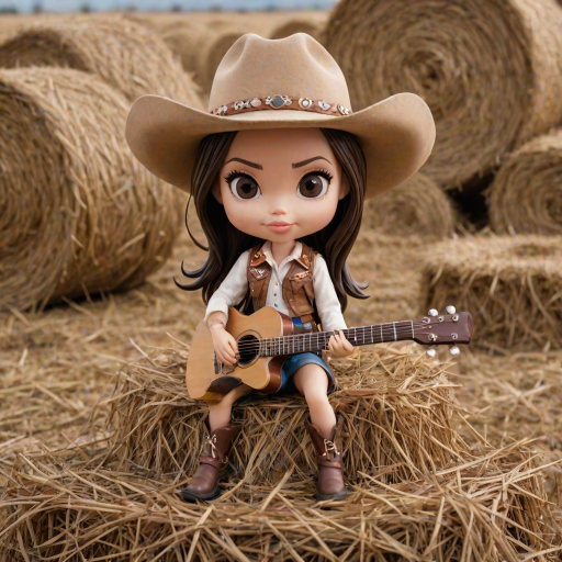 A chibi angelina jolie, dressed as a cowboy, playing guitar, sitting on a hay bale