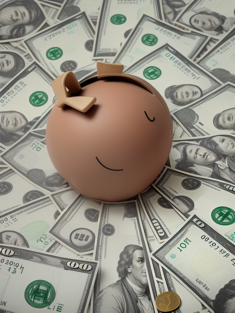 A Cheerful Piggy Bank Surrounded by Piles of Cash and Coins