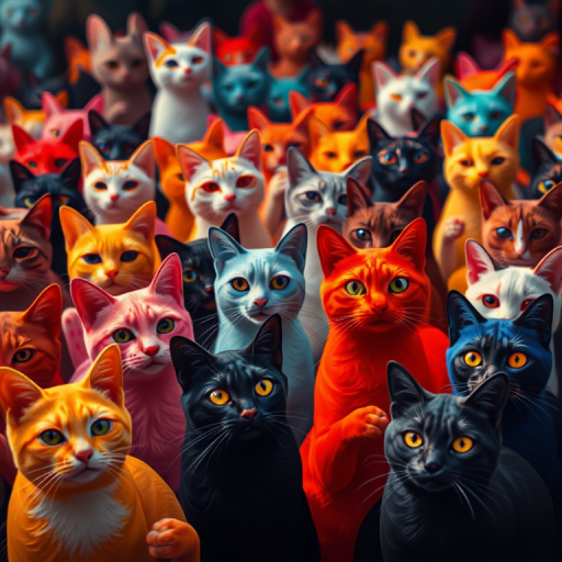 colorful artistic representation of a crowd of stylized cats in various colors, high contrast, slight abstract style, shot with a Canon EOS R5, 50mm lens, f/8 aperture, ISO 100, natural lighting to enhance texture and detail