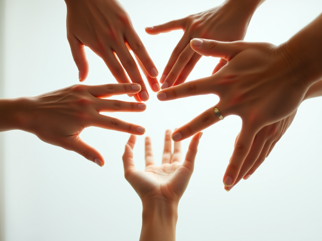Generate an image of multiple human hands arranged artistically, using a DSLR camera with a 50mm lens, aperture f/2.8, ISO 100, natural lighting, and a slightly blurred background for depth.