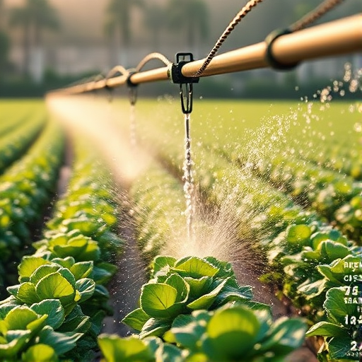 Create a high-resolution digital illustration of a modern irrigation system in a farm setting, showcasing water droplets being released onto green crops from a spray system, use a Canon EOS R5 camera with 24-70mm lens, aperture set to f/4 for depth of field, ISO 200 for clarity, and a slight overhead view to highlight the layout of the irrigation and crops.