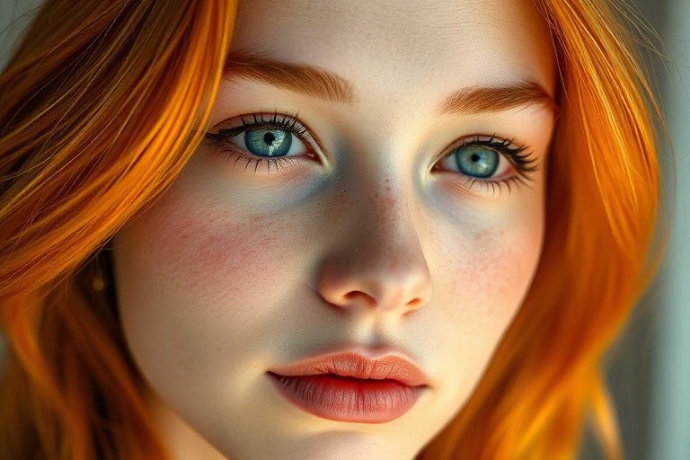 portrait of a young woman with vibrant orange hair and soft features, expression of serenity, painted in an impressionistic style, natural light, shallow depth of field, close-up view, DSLR camera, 50mm lens, f/1.8, ISO 100, 1/200s